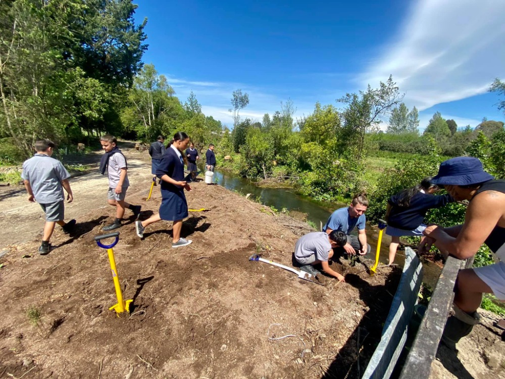 Students participating in a restoration planting activity alongside the Mākoura stream